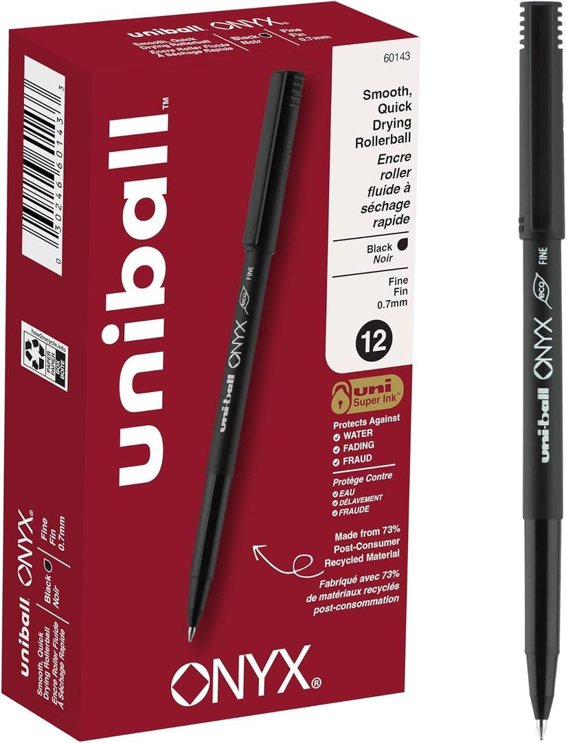 Uniball Onyx Rollerball Pens, Fine Point (0.7mm), Black, 12 Pack