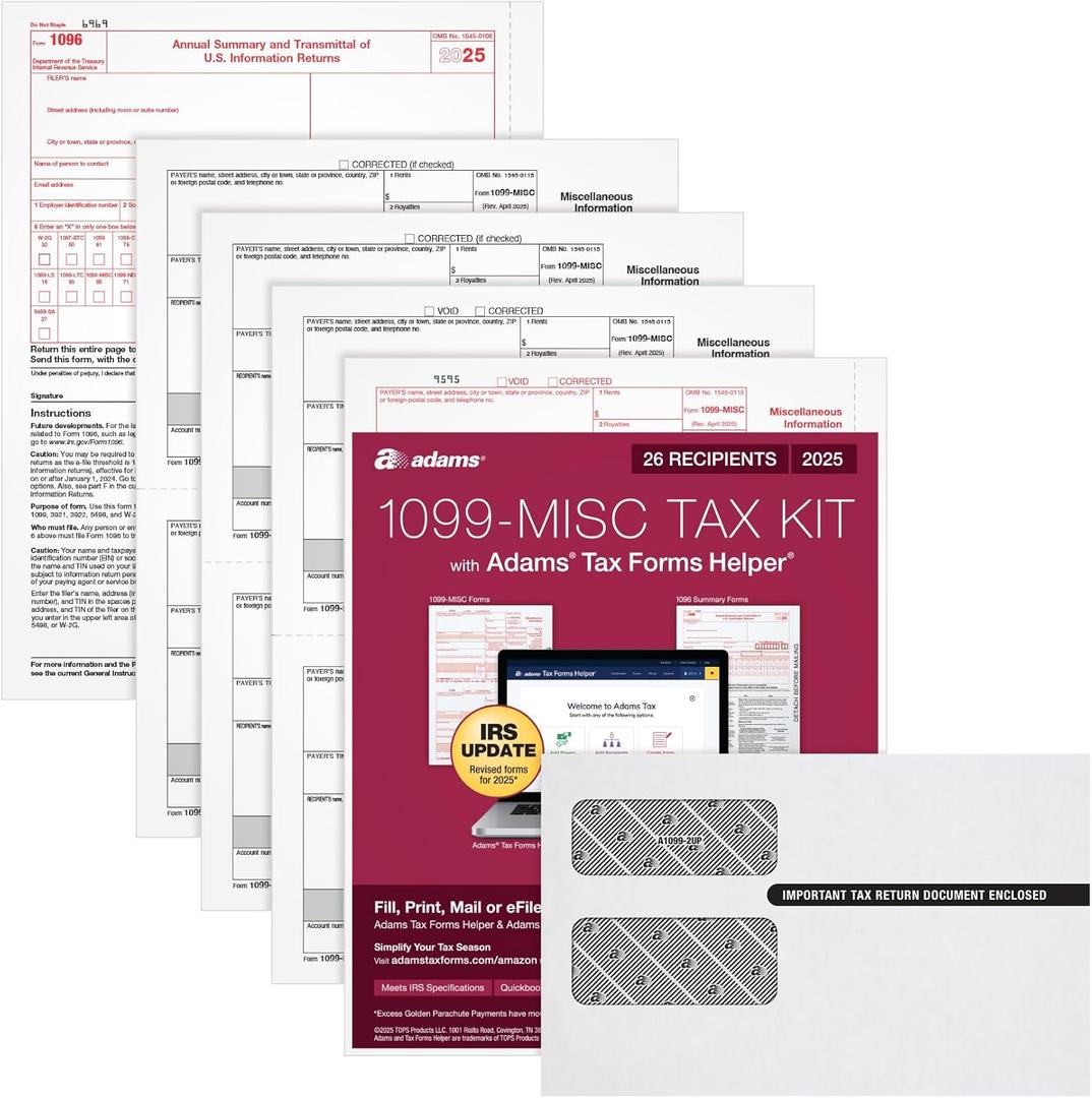 Adams 1099 MISC Forms 2025, 4-Part Kit for 26 Recipients, Includes 26 Envelopes, 3 1096 Forms, QuickBooks Compatible, eFile Access and Printing Through Adams Tax Forms Helper Software (1017228)