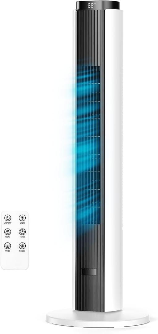 ZAFRO Tower Fan for Bedroom, 26 ft/s Velocity Fans that Blow Cold Air | 28dB Floor Fan, 4 Modes 6 Speeds, 90° Oscillating, Remote & LED Touch Control, 12H Timer, 37 inch Standing Fan, Black+White