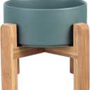 Ceramic Elevated Raised Cat Bowl with Wood Stand No Spill Pet Food Water Feeder Cats Small Dogs (Medium, Green)