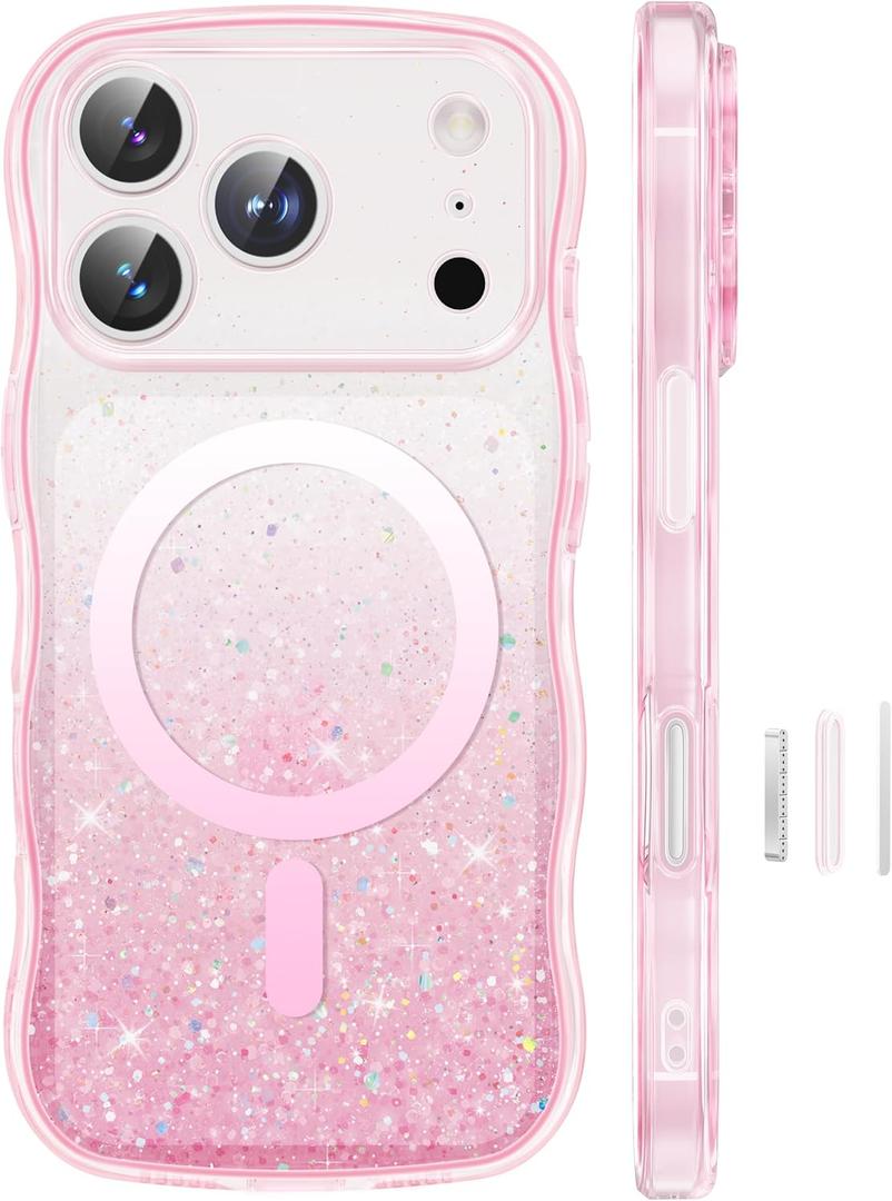 GVIEWIN Magnetic for iPhone 17 Pro Case, [Full Camera Protection] [Compatible with MagSafe] Curly Wavy Frame Gradient Sparkly Glitter Women Girls Phone Cover for 17 Pro 6.3", Pink
