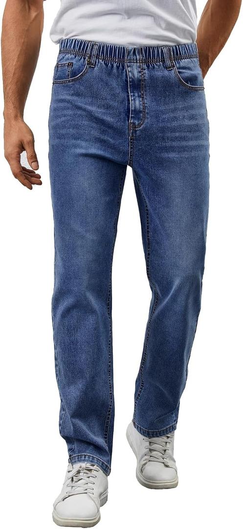 Mens Elastic Waist Jeans Relaxed Fit Stretch Denim Pants Straight Leg Jean with Zipper (Large, Blue)
