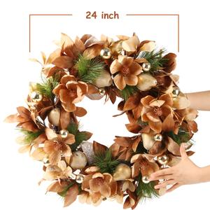 BINFEN 24" Winter Wreaths for Front Door, Gold-Brown Leaves Balls Pears Magnolia Flowers Christmas Wreath, Door Reef for Windows Fireplaces Walls, Front Porch Indoor and Outdoor Decor