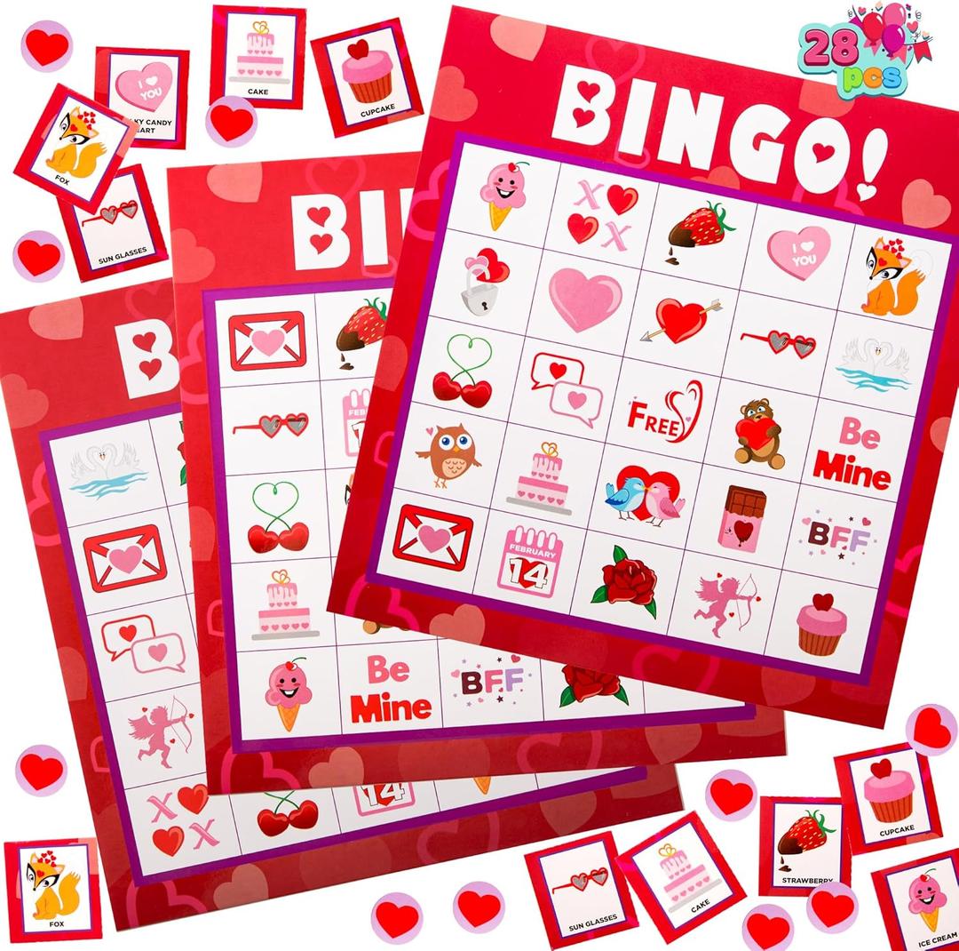 JOYIN Valentines Day Bingo Game Cards (5x5)  28 Players for Kids Party Gift, School Classroom Love Supplies, Family Entertainment Activities