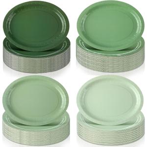 Geyoga 48 Pcs Sage Green Oval Plates 10" x 12" Large Disposable Heavy Duty Party Oval Paper Dessert Dinner Plates for Birthday Wedding Baby Shower