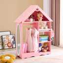 Karl home Dollhouse-Shaped Kids Dress Up Storage with Mirror & Cute Print, Princess Open Hanging Armoire Closet with Storage Shelves, Children Pretend Costumes Wardrobe Closet, Pink