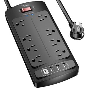 Surge Protector Power Strip - Nuetsa Flat Plug Extension Cord with 8 Outlets and 4 USB Ports, 6 Feet Power Cord (1625W/13A), 2700 Joules, ETL Listed, Black