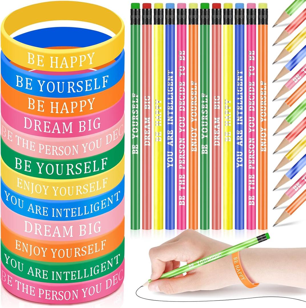 Sabary 48 Pcs Motivational Pencils Inspirational Silicone Bracelets Set Mood Pencil Motivational Quote Rubber Wristbands for Christmas Gifts(Colorful Background) (7.48 Inch)