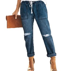 Womens Casual Pull-on Distressed Stretch Jean Straight Leg Destroyed Ripped Denim Pant Elastic Waist Jean Joggers Pants (Small,Dark Blue)