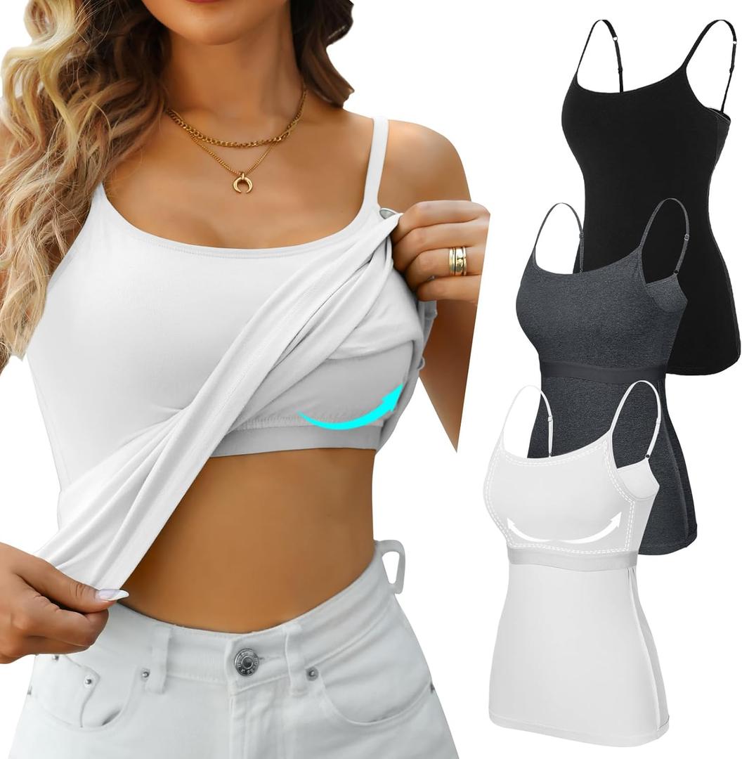 V FOR CITY Cotton Shelf Bra Camisole Tops for Women Adjustable Spaghetti Strap Tank Top Summer Cami Shirt 3 Pack (X-Large, Black/White/Gray)
