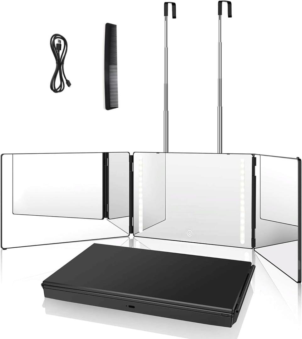 LED 360 Viewing Mirror for Hair Cutting and Styling, Adjustable Height Mirror with Lights for Grooming, Makeup and Shaving, Clear HD Glass, Portable for Bathroom or Travel (Black)