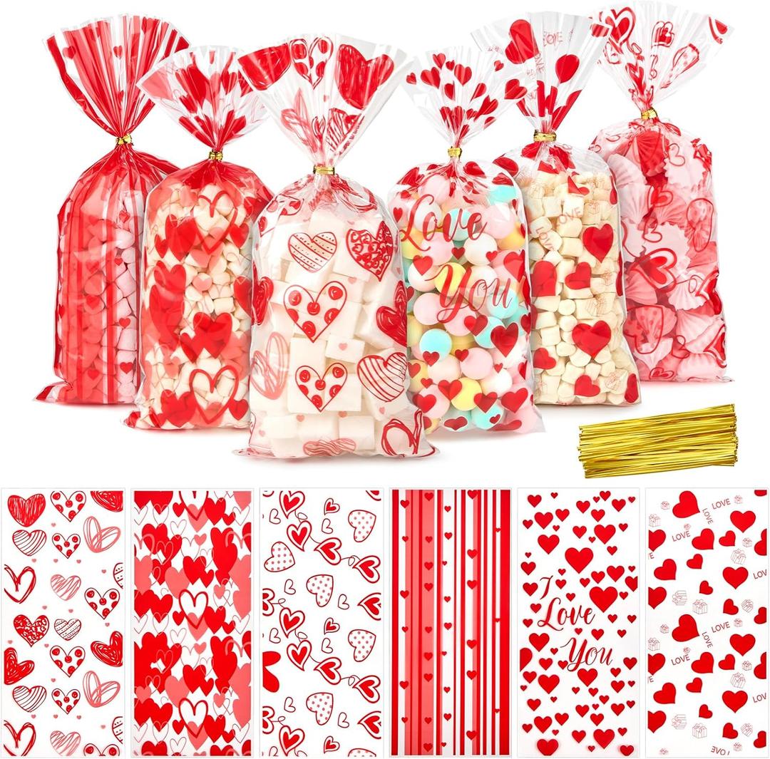 Ohuimrt Valentines Cellophane Treat Bags, 120 PCS Red Heart Valentines Day Gift Bags with Ties, Clear Goodie Bags for Snack Candy Cookie Party Favor Packaging