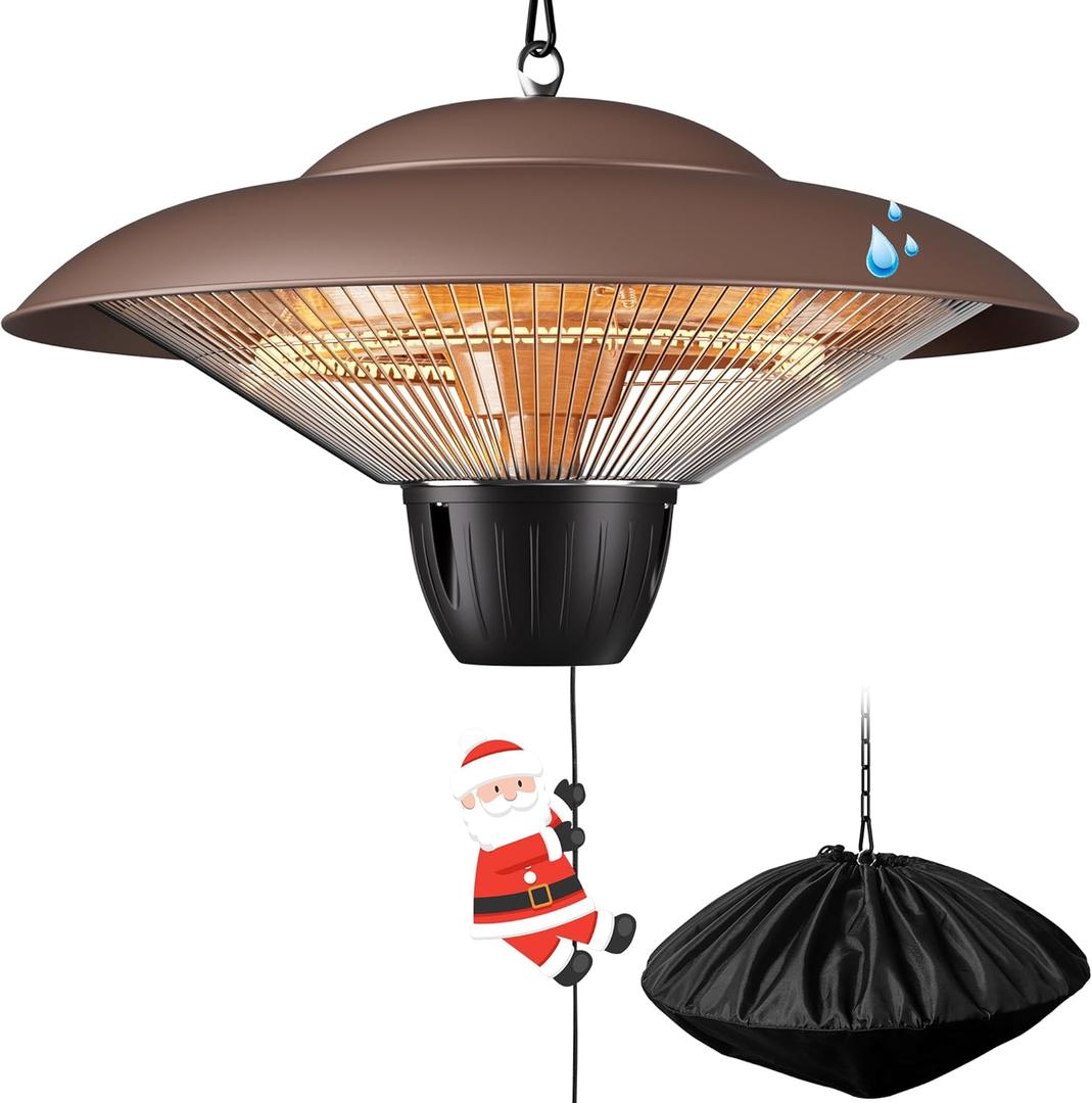 Patio Heater for Outdoor Use 1500W Electric Infrared Hanging Heater, Ceiling Mounted, Waterproof for Porch, Garage, Balcony, Overheat Protection (Brown)