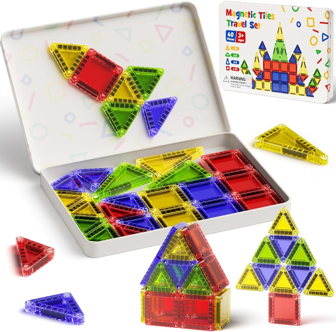 Portable Magnetic Tiles Travel Set 40PCS Travel Magnetic Building Blocks with Storage Box STEM Educational Toys for Airplane & Car Travel Christmas for Kids Ages 3-8