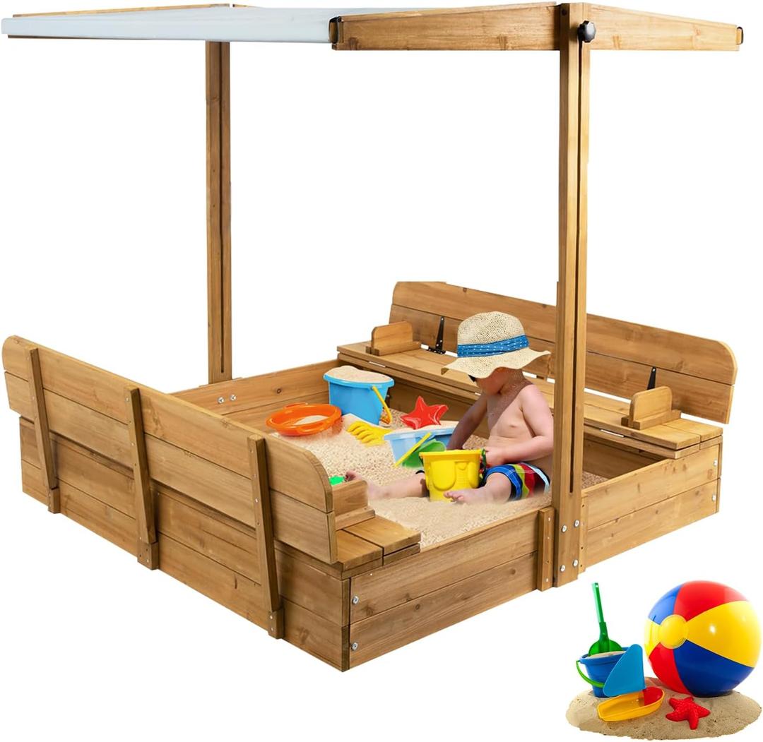 Wooden Sandbox with Lid, Kids Sandbox with Canopy Outdoor, Sandboxes with Covers Foldable Bench Seats for Backyard, UV-Resistant & Adjustable Height Roof, Gift for Ages 2-8 (47x47in)
