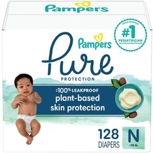 Pampers Pure Protection Baby Diapers, Size 0 (10 lbs ), 128 Count, Up to 100% Leakproof, Premium Plant-based Skin Protection, Hypoallergenic Soft Diapers (Newborn)