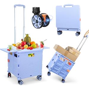 FELICON SELORSS Folding Utility Cart Portable Rolling Crate Handcart with Magnetic Sliding Lid Telescoping Handle Plastic Box Dolly 360Swivel Wheels for Travel Shop Move Office Teacher Use(Blue Pro)