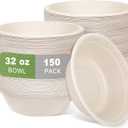 Large Disposable Paper Bowls-32oz for Hot Soup,150 Pack Eco-Friendly, Compostable Bagasse Disposable Heavy Duty Biodegradable Bowls Bulk for Hot Food, Salad, Milk Cereals