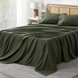 Andency Full Bed Sheets Set, 4 Pieces, Dark Olive Green Super Soft Microfiber Sheets, Deep Pocket Up to 16", "Hotel Luxury Breathable & Cooling Bed Sheet Set