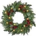 Christmas Wreath with Lights 24 Inch Real Touch Pine Wreath with Red Berries/Pine Cone Prelit Christmas Wreaths for Front Door Outdoor Christmas Decorations Winter Wreath for Windows Indoor Holiday