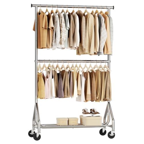 HYSEYY Heavy Duty Clothes Rack, Double Rod Clothing Rack for Hanging Clothes, Rolling Garment Rack, Adjustable Freestanding Wardrobe Closet Coat Rack for Bedroom Laundry Living Room, Silver