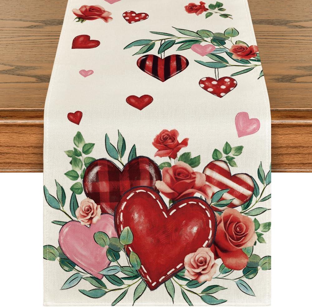 Artoid Mode Red Roses Flowers Eucalyptus Valentine's Table Runner, Wedding Kitchen Dining Table Decoration for Home Party Decor 13x72 Inch