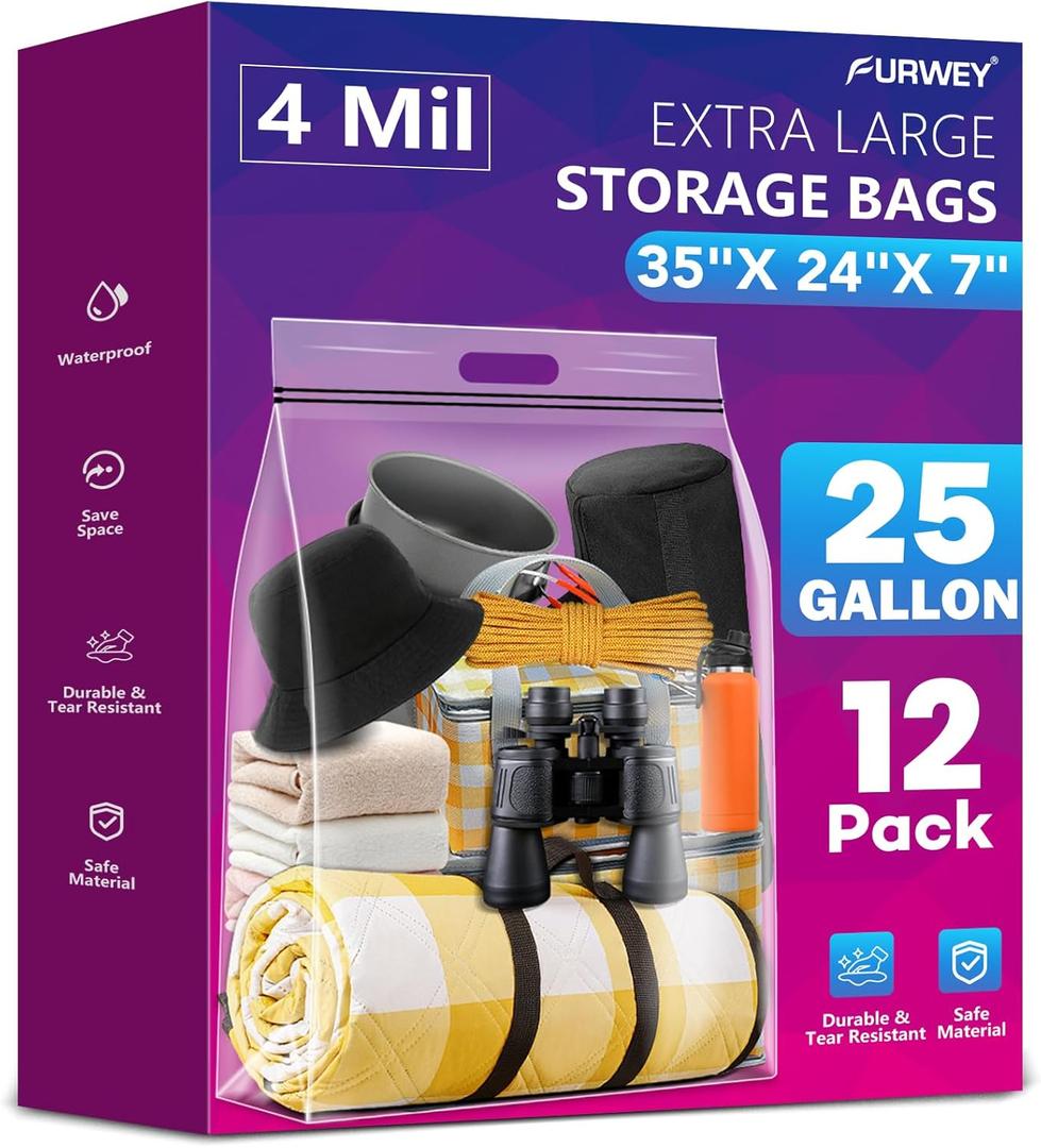 FURWEY 25 Gallon Extra Large Storage Bags 35x 24Resealable Clear Bags with Handle 4 Mil Thick Heavy Duty Big Bag for Clothes Pillow Travel Moving,Bedding,Shoes and Toys Storage, Pack of 12