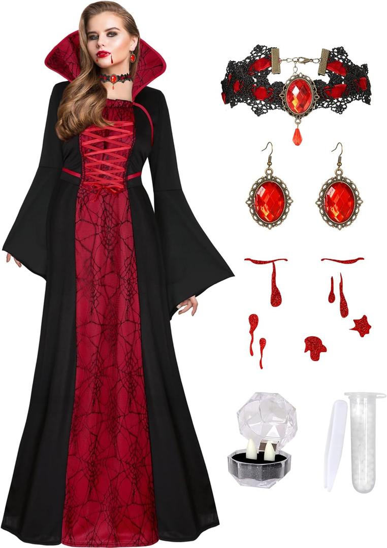 Vampire Costume for Women with teeth Accessories Gothic Vampire Dress Halloween Witch Costume Adult (X-Large, Black)
