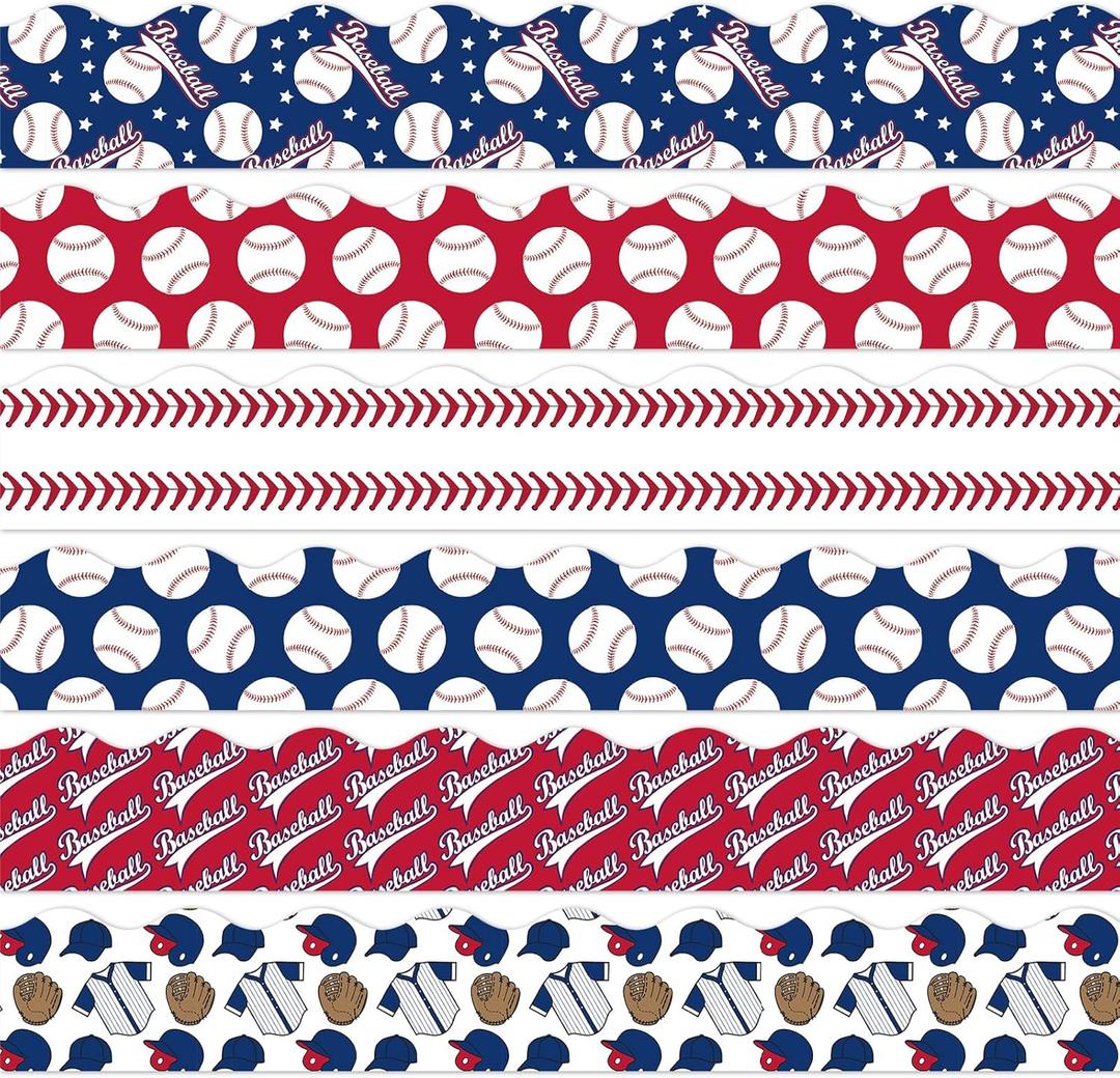 AnyDesign 69Ft Self-Adhesive Border Stickers - Sports Theme Scalloped Border Paper - Blue & Red Trim for School, Classroom, Office, Party Wall Decor