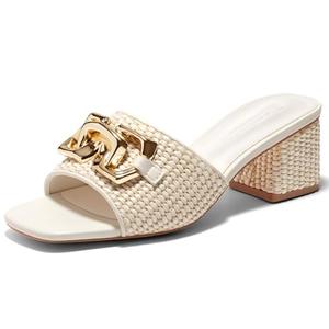 Coutgo Womens Raffia Slide Sandals Chunky Block Heeled Square Open Toe Metal Chain Slip on Mules Dressy Shoes, Beige, Size 6
