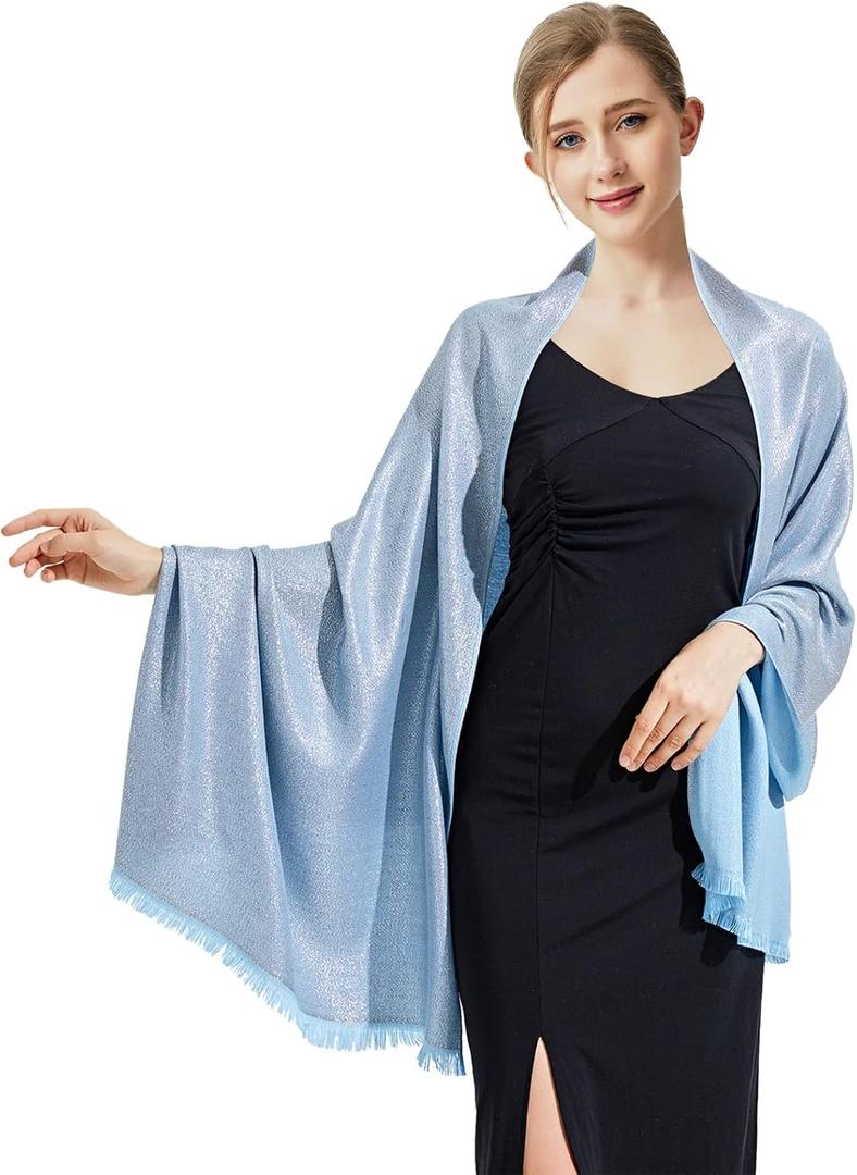 Sparkling Metallic Pashmina Shawl Wraps Scarf for Evening Party Bridal Wedding Formal Dresses (H#. Light Blue & Silver)