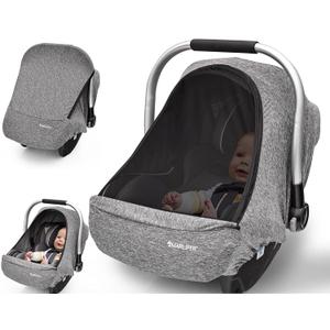 Baby Car Seat Cover, Large Mesh Window, Breathable Fabric, Infant Windproof Canopy, Universal Fit CarSeat Covers for Babies, Machine Washable, Gray