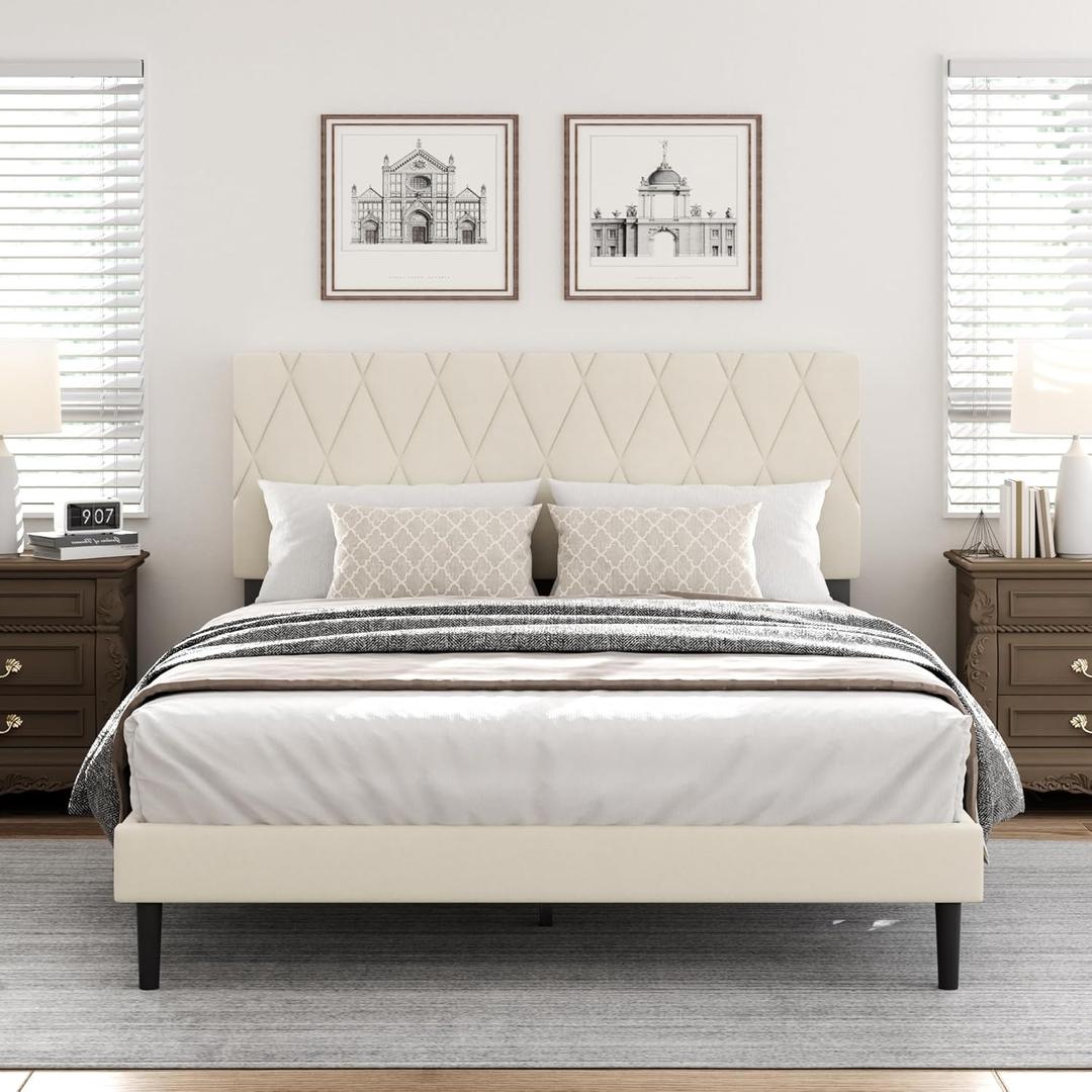 Queen Size Bed Frame with Diamond Tufted Headboard, Velvet Upholstered Platform Bed and Wooden Slat Support, Noise-Free, No Box Spring Needed, Easy Assembly, Beige