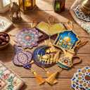 6 PCS Ramadan Ornaments Wooden Ramadan Decorations Islam Mubarak Wooden Ornaments with Golden String & Tassel Moon Shape Islamic Decorations for Home