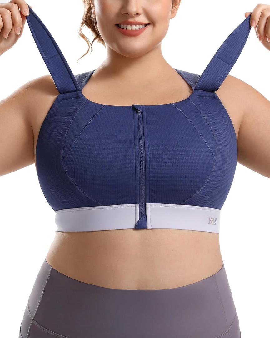 High Impact Sports Bras Non Pads Zip Front Adjustable Racerback Bra for Large Bust Women Workout Running, XL