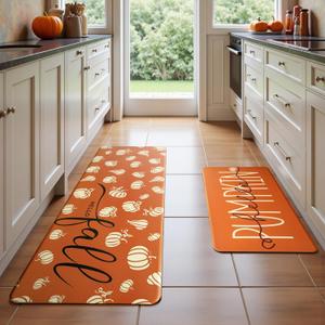 Fall Autumn Pumpkin Orange Kitchen Rug Sets [2 PCs], Anti-Fatigue, Waterproof Non-Slip Kitchen Mats Heavy Duty Comfort Foam Rug for Kitchen, Floor, Laundry,17"x29"+17"x47"