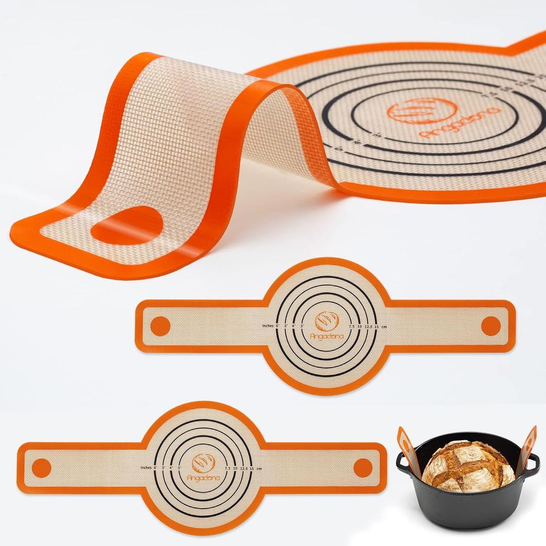 Silicone Bread Sling Dutch Oven - Best Japan Silicone. Non-Stick & Easy Clean Reusable Bread Baking Mat. With Extra Long Handles Bread Baking Sheet Liner, 2 Orange Set for Transferable Dough