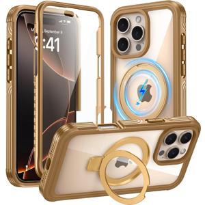 GUSTAVE Magnetic Stand for iPhone 16 Pro Max Case [Fit for Magsafe] [Built-in 9H Tempered Glass Screen Protector] Full-Body Shockproof Military-Grade Protective Case Rose Gold