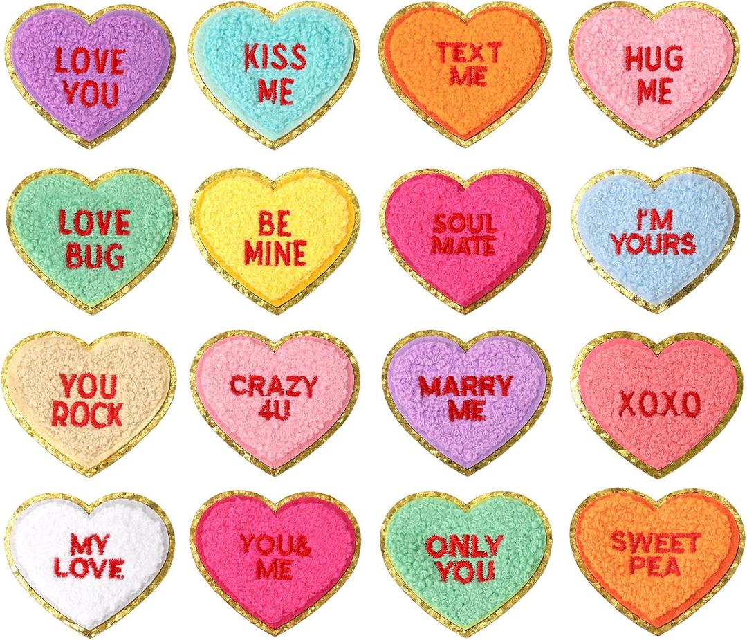 JarThenaAMCS 16Pcs Valentine Iron On Patch Gold Edge Conversation Heart Chenille Patch Colorful Embroidered Heat Transfer Iron Patch DIY Craft for Clothing Jacket Dress Backpack Hat Decorations