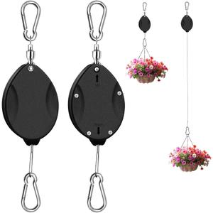 2 Pack 2024 Upgraded Heavy Duty Retractable Plant HangerPlant Pulleys for Hanging Plants,Easy to Raise and Lower,Auto Lock,Adjustable Hook for Garden Baskets Pots,Birds Feeder,Black (2 Pcs Black)