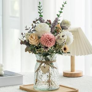 Fake Flowers with Vase, Faux Peony Silk Flowers for Home Decor, Coffee Table, Living Room, Bathroom Plant Decor, Centerpiece Table Decorations (White)