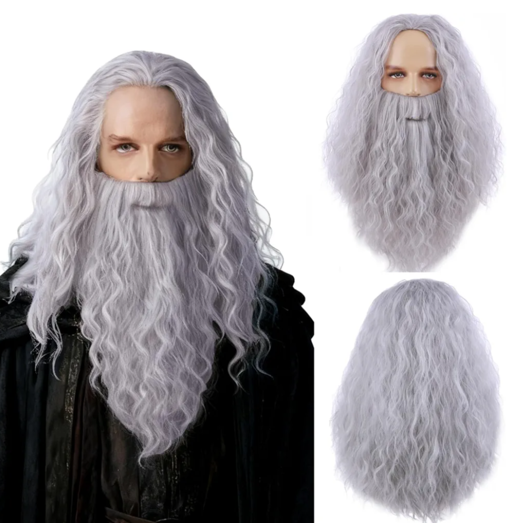 MAGQOO Mens Wig and Beard Long Curly Grey Wig for Boys Cosplay Halloween Costume Wig