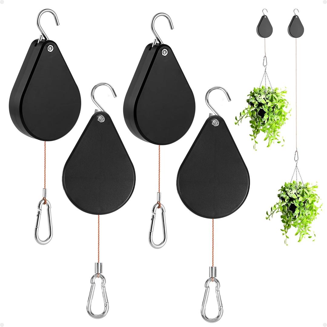 Retractable Plant Hanger - Upgrade Plant Pulleys for Hanging Plants, Easy to Raise and Lower, Suitable for Garden Flower Pots, Hanging Planter, Bird FeederBlack, 4 PCS