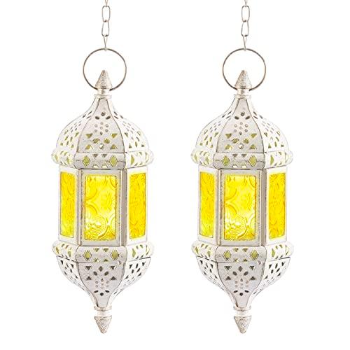 2 Pcs Moroccan Lantern Metalwork Hanging Tealight Candle Holder Metal Glass Indoor Outdoor Battery Operated LED Flameless with 35cm Chain, White