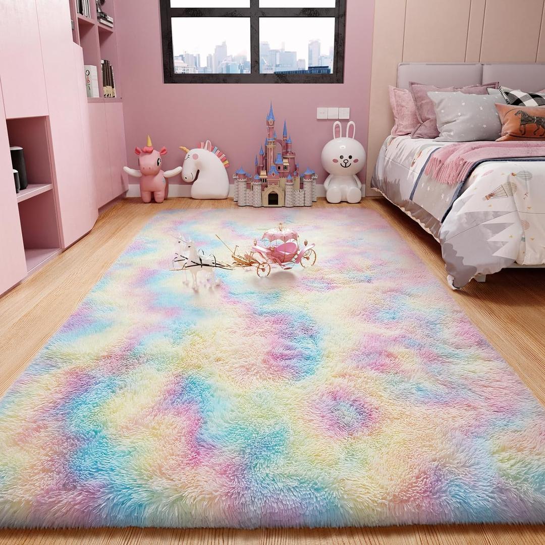 Ophanie Soft Fluffy Shaggy Rugs for Bedroom Living Room Dorm Nursery Home Decor Aesthetic,Color Light Rainbow,Size 4' x 6'