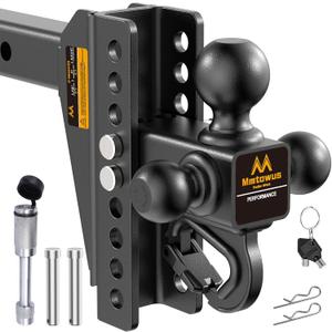 Adjustable Trailer Hitch - Drop Hitch -Tri Ball Mount with Hook (1-7/8'', 2''&2-5/16''), Fits 2-Inch Receiver, 8'' Drop/Rise 12,500 LBS GTW Tow Hitch, 3 Ball Hitches for Trucks, RV, Camper etc