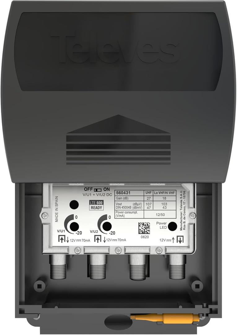 Televes 560483 TForce Mast Preamplifier  Dual Input, Combines Two Antennas, Automatic Gain Control, Full Band VHF/UHF, Built-in 5G/FM Filtering, Made in Spain