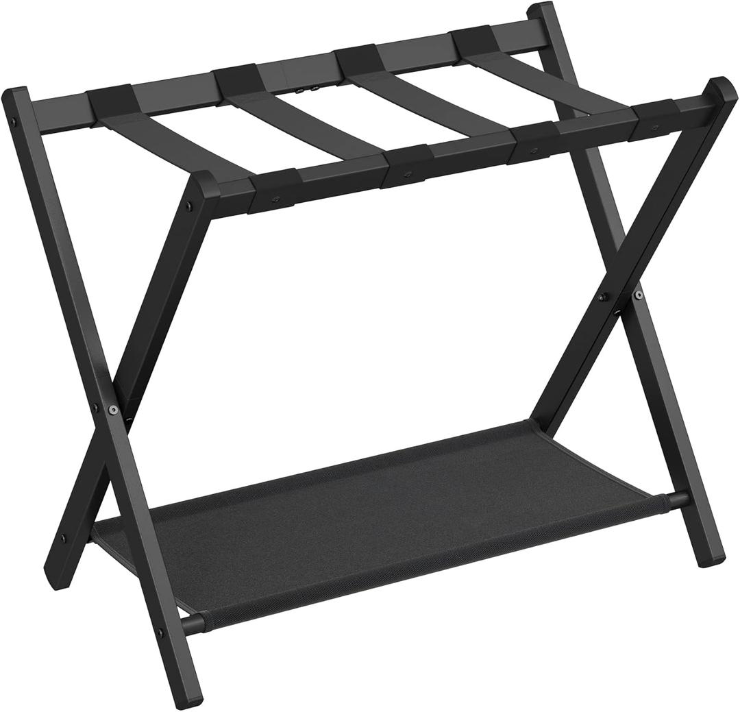 SONGMICS Luggage Rack for Guest Room, Suitcase Stand with Storage Shelf, Steel Frame, Foldable for Easy Storage, Hotel, Bedroom, Black URLR003B01