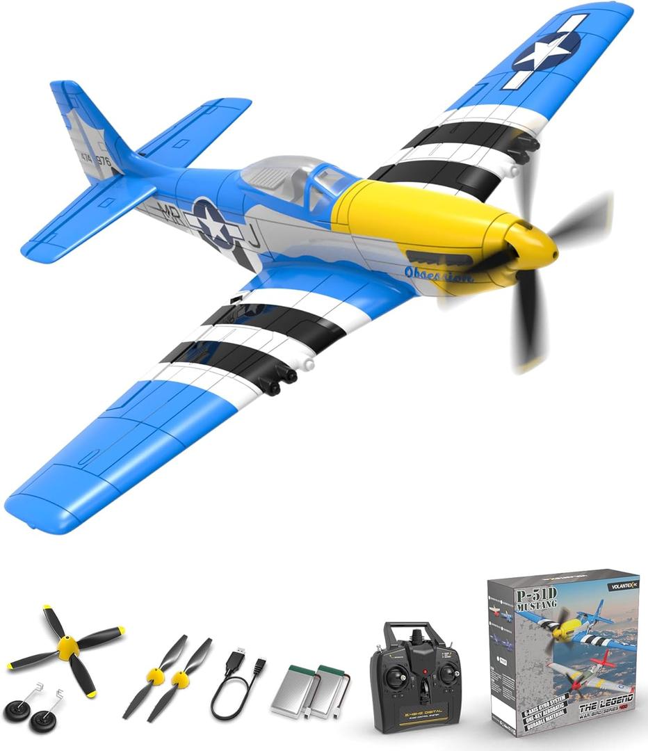 VOLANTEXRC RC Plane 4 Channel P51D Mustang Remote Control Airplane Fighter RTF with 6-Axis Gyro, 3 Modes Easy to Fly, 2.4GHz Radio Controlled Aircraft for Beginners & Adults (Blue)