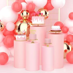 Babenest Dusty Pink Cylinder Pedestal Stand Covers Set of 5, Spandex Vintage Fitted Round Pedestal Covers, Elastic Cloth Pillar Plinth Cover for Birthday Wedding Party Decoration(Without Stands)